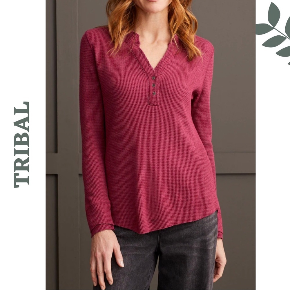 Tribal Plum Waffle Knit Henley Small NWT